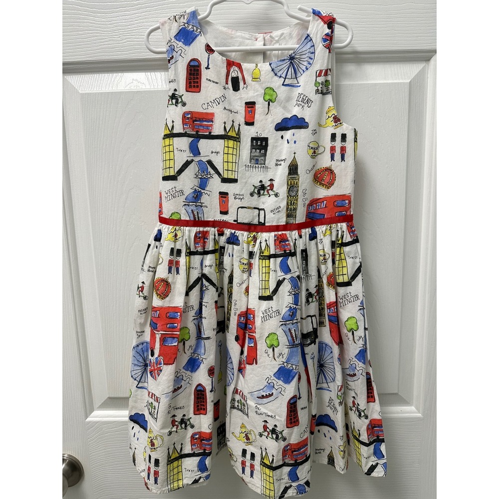 Next London Print Girls Sleeveless Cotton Dress White Red Blue Size 9 Years